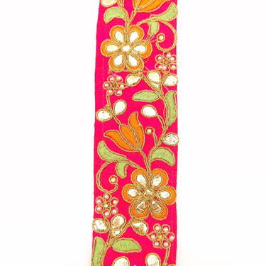 Dark Pink Fabric Trim In Green, Orange & Gold Floral Embroidery, Beaded Gota Patti